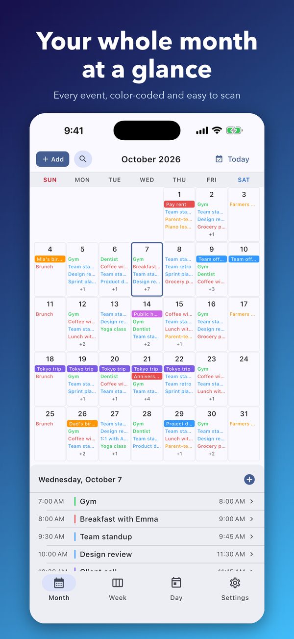 Month view with color-coded events